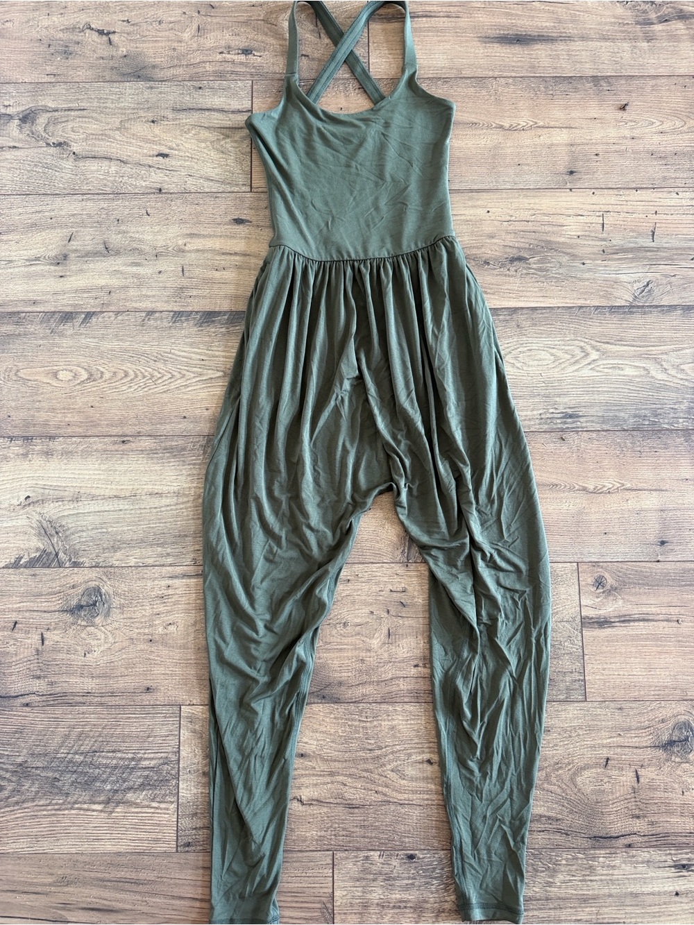 IMBODHI Bodhi Jumper Harem Jumpsuit Moss Olive Green Cross Back Small Like New